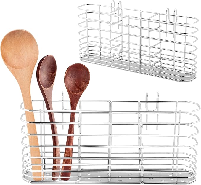 304 Stainless Steel Utensil Drying Rack Holder, 3-Compartment Kitchen Utensil Organizer Flatware Basket with Hooks for Dish Drying Rack, Sink Dish Drainer, Kitchen & Bathroom,7.87 x 1.57x 3.54inch