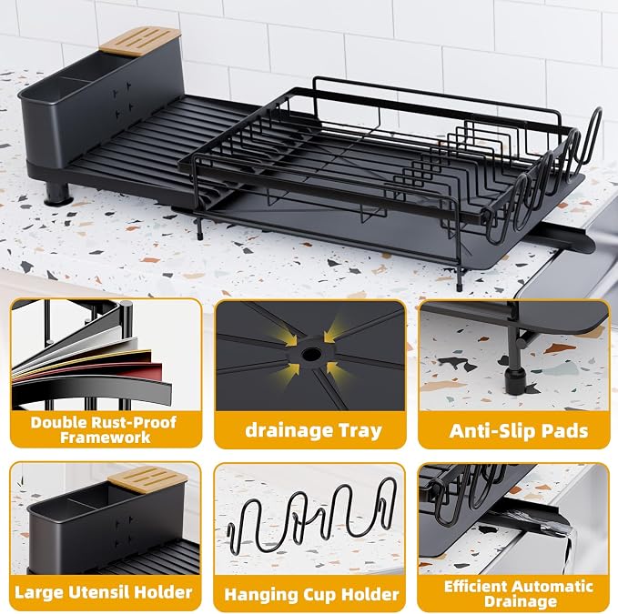 Large Dish Drying Rack - Expandable Dish Drying Rack with Utensil Holder & Cup Holder,Auto-Drain Multifunctional Dish Racks for Kitchen Counter with Drainage,Black