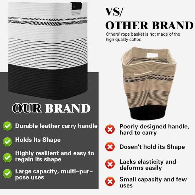 Laundry Hamper, 85L Tall Laundry Basket with Leather Handles, Rectangle Large Clothes Hamper for Organizing, Cotton Woven Laundry Baskets Storage Hampers for Bedroom, Nursery, Living Room