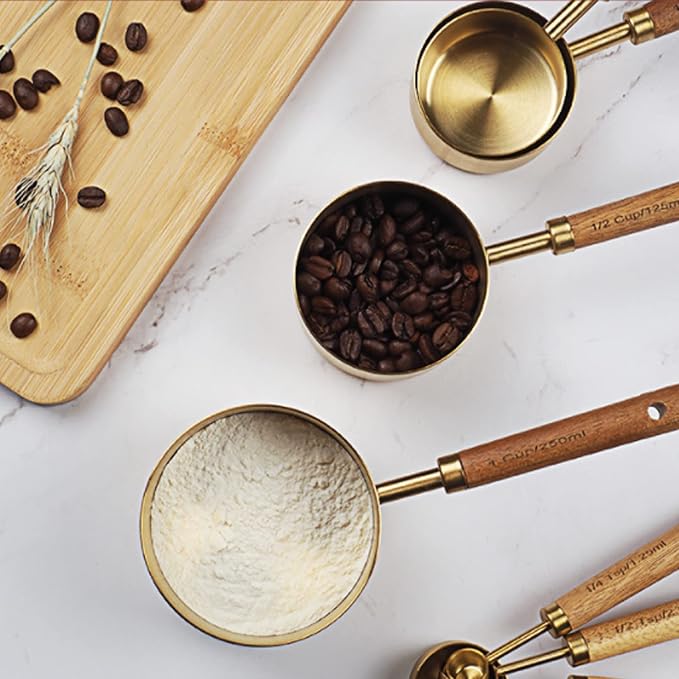 4 Piece Stainless Steel Measuring Cups with Wooden Handle, Measuring Cup Sets for Measuring Dry and Liquid Ingredients (4 Sizes - Gold)