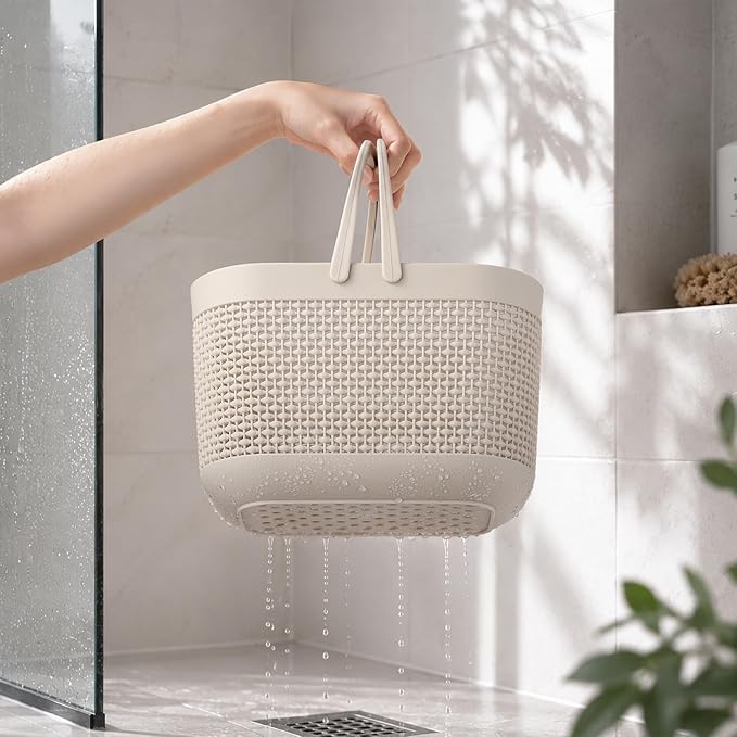 Plastic Protable Shower Caddy Basket, Storage Organizer with Handle, Beige | Bottom Drain Holes, Keep Dry, Sturdy and Durable, Easy to Carry for Bathroom, Kitchen, Dorm Room, RV, College