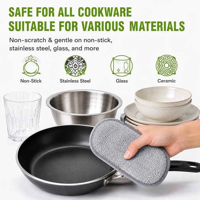6-Pack PuoWeo Sponges Kitchen Dual-Sided Scrub Sponges—Rough Side for Non-Stick Cookware, Soft Microfiber Side for Dishes Multi-Purpose Cleaning Dish Sponge, Long Lasting & Reusable, Grey