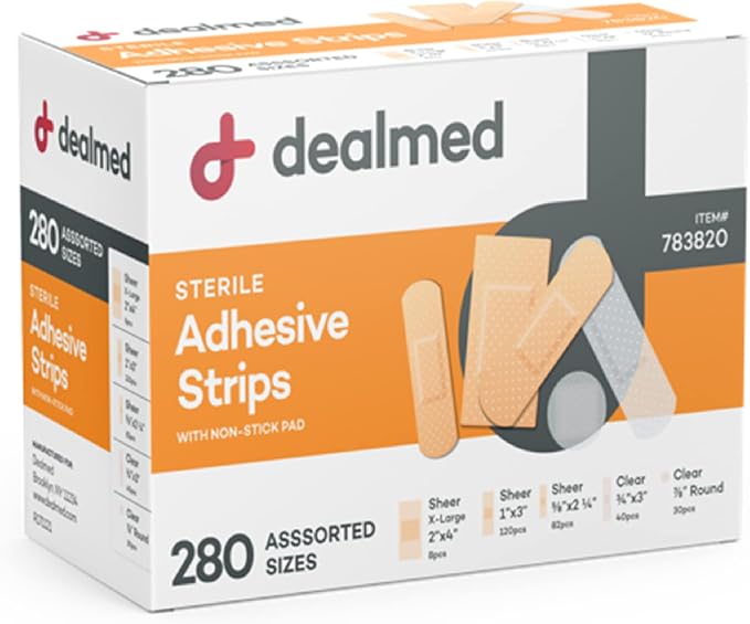 Dealmed Assorted Adhesive Bandages - Sterile, Latex Free - 280 Count | PU Material, Non Stick Pad, Sheer And Clear Styles, 5 Sizes 2 x 4 in To 7/8 in Round, Individually Wrapped, For Cuts Testing