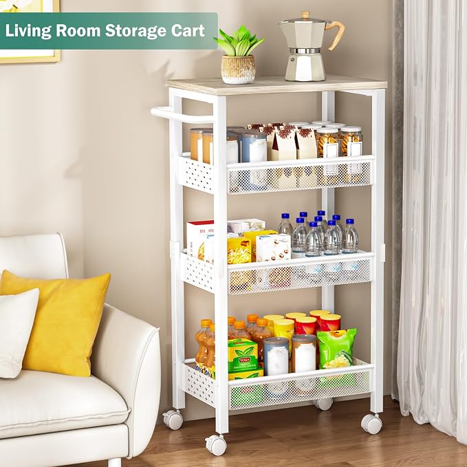 Vivihomety 4-Tier Laundry Utility Rolling Cart with Wheels, Kitchen & Bath | Narrow 8.1" wide, lockable wheels, wood top panel, metal frame, for laundry room, small spaces, pantry, tight gaps, White
