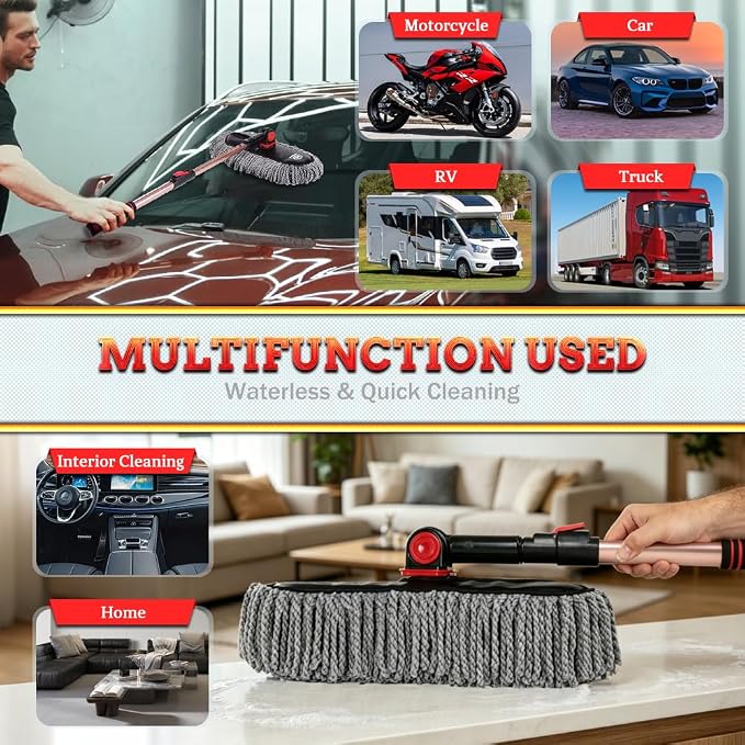 Extendable Exterior Car Duster - Washable Microfiber | Lightweight sweeper for fast dirt removal. Reusable & easy to clean. Storage bag included. Fits auto, RV, truck, motorcycle.