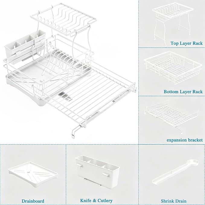 2 Tier Dish Drying Rack, Large Extendable Dish Racks for Kitchen Counter , Dishrack with Drainboard, 2-in-1 Anti-Rust Stainless Steel Dish Drainer with Utensil Holder (White, double of Dish Rack)