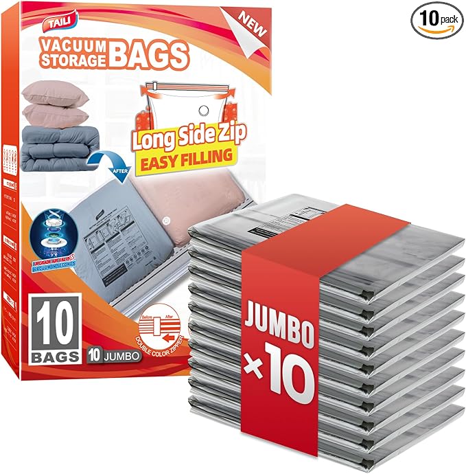 TAILI 10 Pack Jumbo Vacuum Storage Bags, 39x28 inch, LONG SIDE ZIP Vacuum Seal Bags for Clothing, Space Saver for Beddings, Comforters, Blankets, Pillows