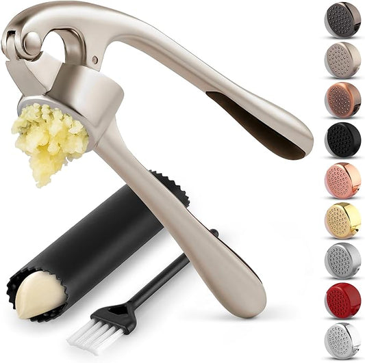 Zulay Kitchen Premium Garlic Press Set - Rust Proof Professional Garlic Mincer Tool - Easy-Squeeze, Easy-Clean with Soft, Ergonomic Handle - Silicone Garlic Peeler & Brush (Silver)