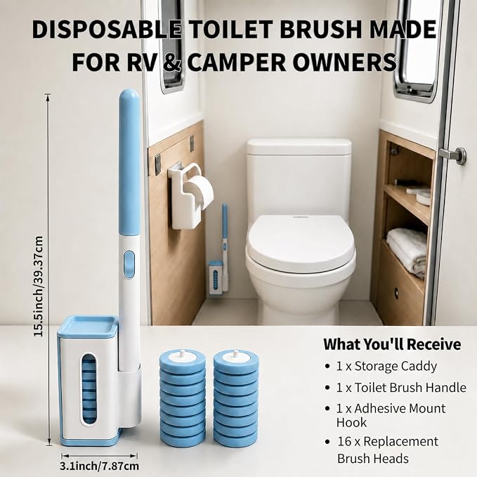 RV Toilet Brush, Wall Mount Bath Cleaning Brush Set, 16 Cleaner Refill | Hands-Free Toilet Bowl Wand Kit, Cleaning System Starter Kit, Bathroom Cleaning System for RV, Sink, Bathtub, Wash Basin