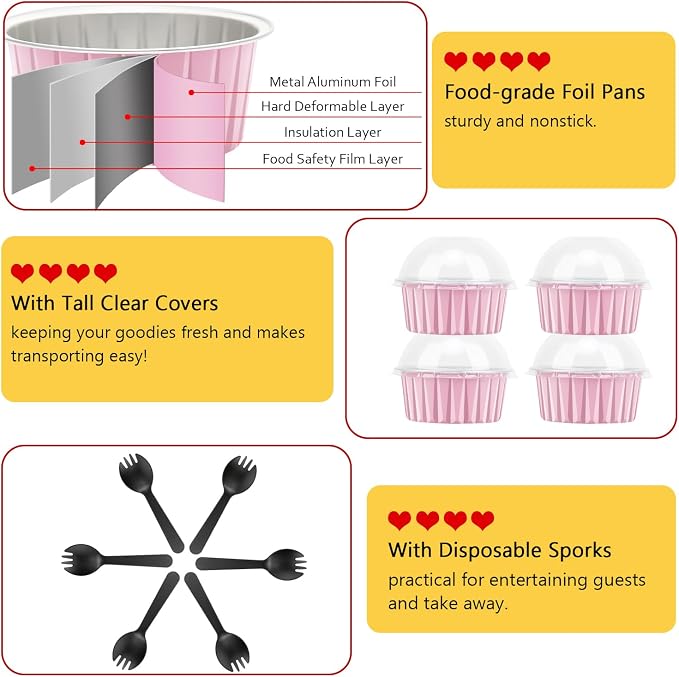 5oz Cupcake Pans with Dome Lids 100 Pack,LNYZQUS Aluminum Foil Small Cake Baking Tin,Disposable Ramekins Cupcake Baking Cups Containers,Mini Pie Pans Muffin Tins Jumbo Cupcake Liners-Pink