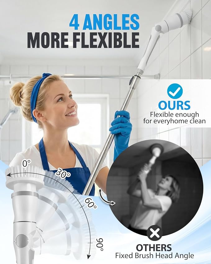 Electric Spin Scrubber, Cordless Shower Scrubber with 8 Replaceable Brush Heads, Adjustable Long Handle Bathroom Scrubber, 3 Speeds LED Display, IPX7 Waterproof Cleaning Brush for Bathtub Tile Floor
