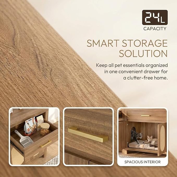 Cat Litter Box Enclosure, Hidden Litter Box Dog Proof with Sisal Scratching Board Doors and Drawer, Wooden Hidden Cat Litter Box Enclosure Furniture with Storage Drawer