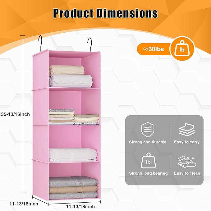 Hanging Closet Organizer 4-Shelf, Oxford Fabric Wardrobe Storage, Pink | Easy-mount foldable design holds clothes, handbags, shoes & accessories; washable Oxford fabric, sturdy and space-saving.