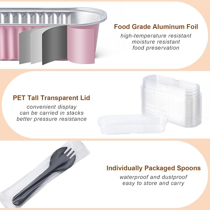 Husfunov 25 Pack Mini Cake Pans with Lids and Spoons, Small Aluminum Foil Loaf Pans, Rectangular Baking Containers for Party and Picnics, 6.8oz (Pink)