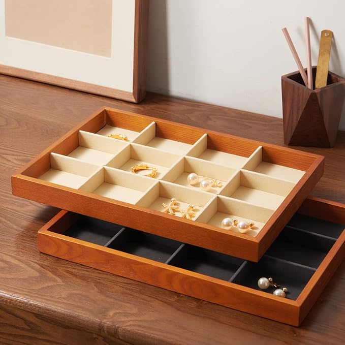 Oirlv Solid Wood Jewelry Tray,Jewelry Drawer Organizer,12 Grid(Grey) | Stackable Design,for Jewelry Necklaces Bracelets and Watches,Organizing and Presentinge Legantly on Dressers&in Dresser