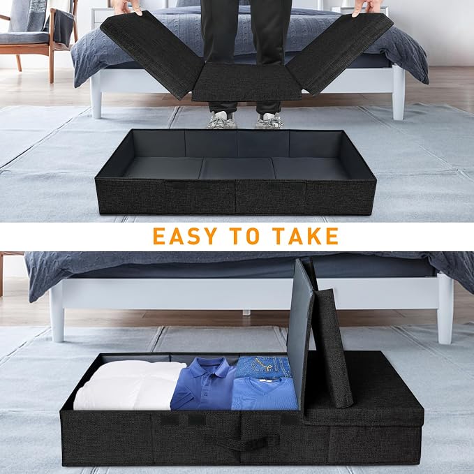 punemi 6 in Tall Stackable Under Bed Storage Containers, 3 Pack, Black | Drawer Organizers Box with Sturdy 3 Handles, Clothes Drawer Organizers, for Under Crib, Couch & Closet Storage