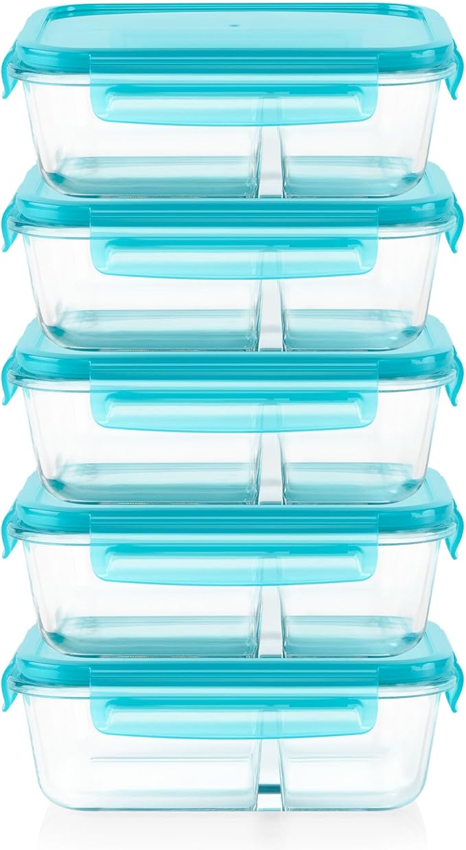 Pyrex Glass Meal Box (5-Pack, 4 Cup) Divided Compartments with Locking Lids, For Meal Prepping and Portioning, BPA Free Microwave Dishwasher Safe