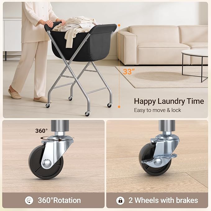 ELYKEN Laundry Basket with Wheels, Collapsible Laundry Hamper, Black | Removable Liner Bag, Foldable Design, Sturdy Metal Frame, 4 Casters, 32”H Laundry Cart for Bedroom, Bathroom & Laundry Room