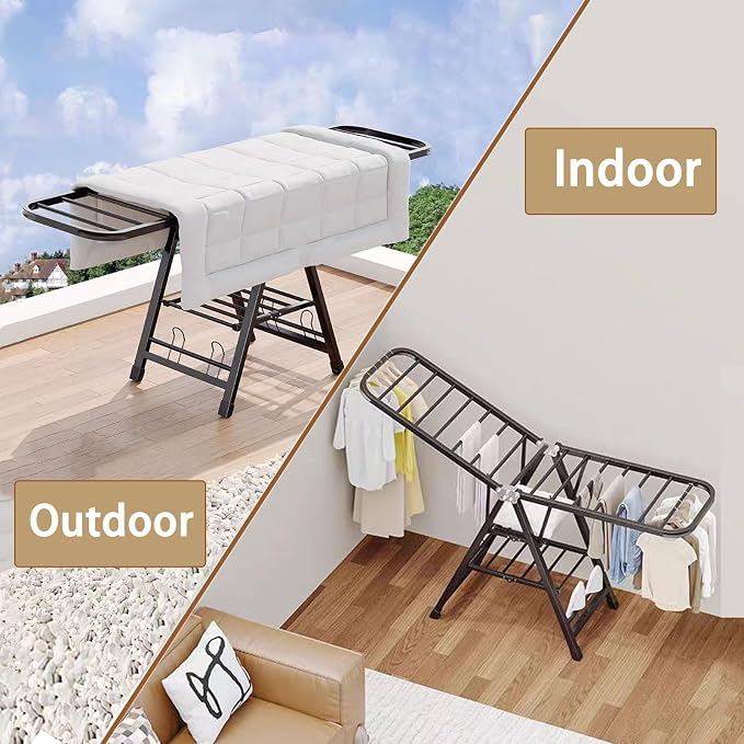 Large Clothes Drying Rack Foldable, 3-Level Metal Laundry Dryer Stand | Lightweight，Easy to Use＆Fold，Sturdy, Height-Adjustable, Movable, Complete with Heavy Items，Space Saving Clothes Dryer