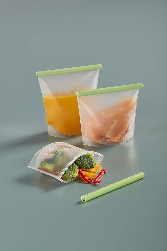 Lekue Reusable Silicone Bags (Set of 3) - Airtight Food Storage - Includes 16 oz, 34 oz, 50 oz Sizes - 100% Platinum Silicone for Leak-Proof Food Preservation - Microwave & Dishwasher Safe