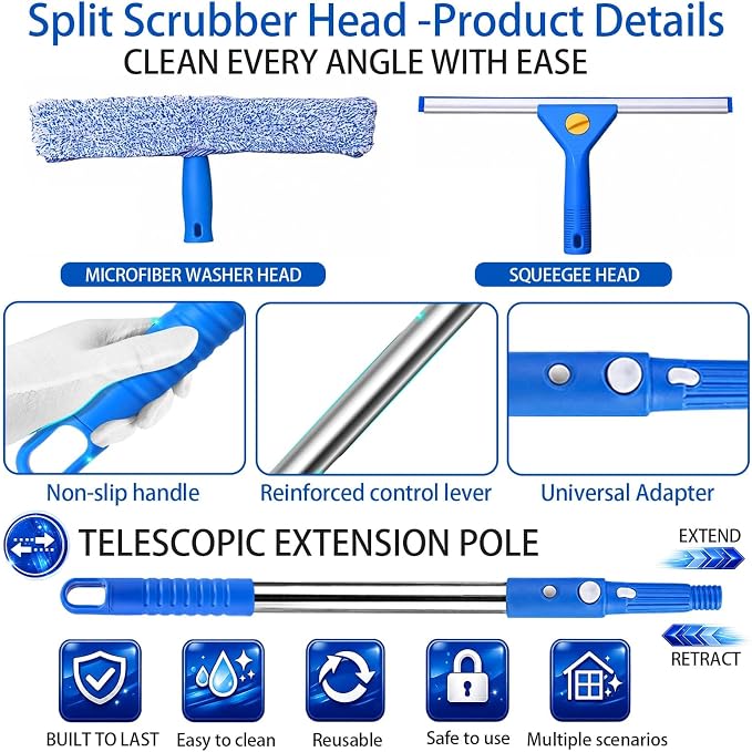 Professional Window Cleaning Kit, 82" Long Handle Window Long Handle Window Squeegee and Microfiber Scrubber, Suitable for Professional Window Cleaning in Cars, Outdoors, Homes and Businesses