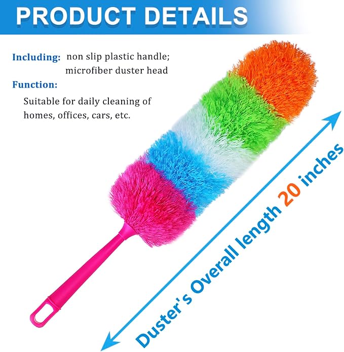 20-Inch Microfiber Hand Duster, Car Interior Detailing Duster, Rainbow Feather Duster for Car, Home, Office Cleaning