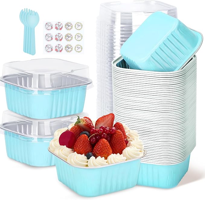 60Pack 5oz Blue Mini Cake Pans with Lids and Spoons Baking Cups Aluminum Foil Pans Tins, Individual Dessert Cups Containers for Sales,Party,Picnics