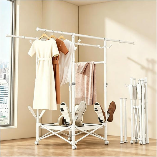 Foldable Collapsible Rolling Clothes Drying Rack,Adjustable Double Rods Laundry Airer(33.1–56.7"),Carbon Steel Pipe Standing Garment Rack for Indoor Outdoor Laundry Room (White, B)