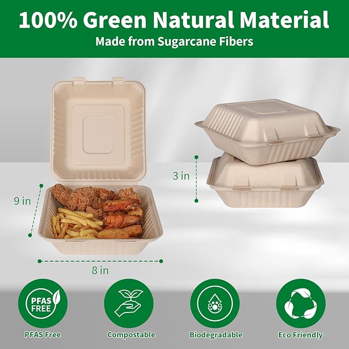 Aricsen Compostable 1 Compartment 100 Pack 8×9 Inch TakeOut Lunch Box Containers with Lid Togo Take Out Clamshell for Food, To Go Disposable Eco-Friendly Biodegradable Bagasse, PFAS-Free, Brown