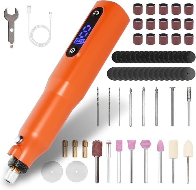 Cordless Rotary Tool Kit - 9-Speed Adjustable with USB Charging | Multi-Purpose Engraving Pen for Sanding, Polishing, Drilling & DIY Crafts | Includes 3D Printing Accessories (Orange with Light)
