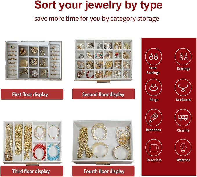 BOOVO Jewelry Boxes for Women, White and Black 6 Layer Large Jewelry Box for Necklace, Bracelet, Earrings, Rings Storage, Jewelry holder Organizer for Girls Gift (Champagne, 5 Layer)
