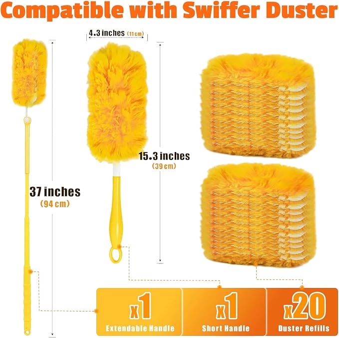 20-Pack Duster Refills Compatible for Swiffer Duster, 360° Heavy Duty Duster Refills with 1 Extended Handle 3FT +1 Short Handle, Multi-Surface Cleaning Kit for Blinds Bookshelf Furniture Ceiling Fans