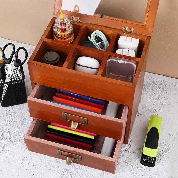 Small Wooden Drawers Wooden Box with Drawer Brown | 2 Drawer Storage Box for Apothecary Cabinet, Apothecary Drawers，Desktop Organizer with Metal Handles for Office，Home