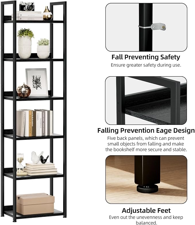 NUMENN Narrow Bookshelf, 6 Tier Freestanding Shelving Unit, Black | Metal Frame & Wood Shelves, Falling Prevention Baffle, Open Storage Bookcase for Bedroom, Living Room & Home Office