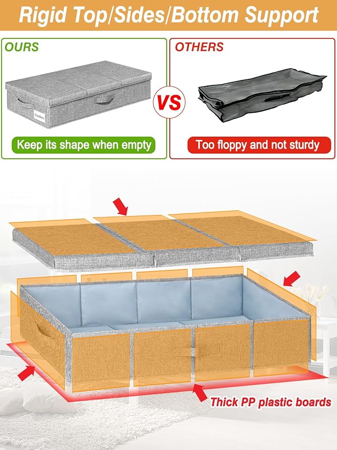 punemi 6 in Tall Under Bed Storage Containers with Lids, 2 Pack, Grey | Stackable Design, Sturdy 3 Handles, for Blankets, Clothes, Comforters & Toys, Underbed & Closet Organization