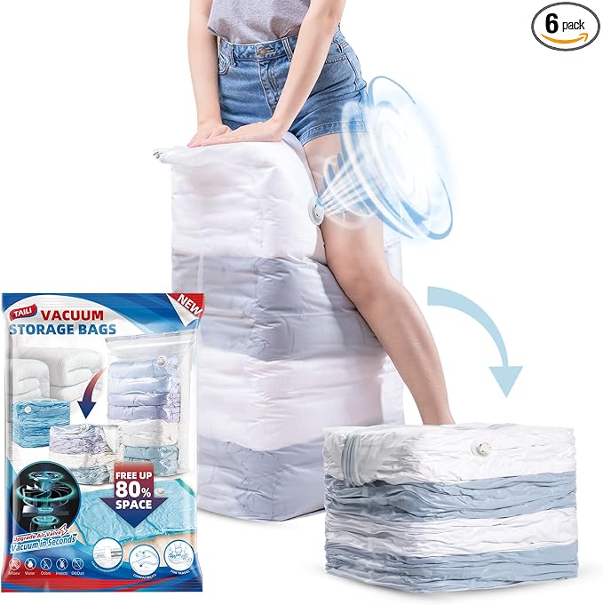TAILI 6 Pack Vacuum Storage Bags, Jumbo Cube (31x40x15 Inch), Extra Large Vacuum Seal Bags for Comforters, Blankets, Bedding, Clothing, No Pump Compression Cube, Clear