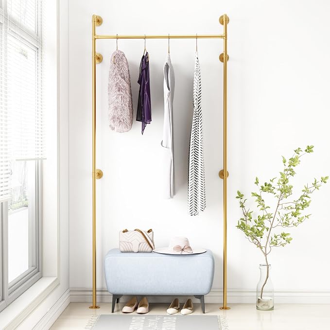 ORSENIGO Industrial Pipe Clothing Rack, Heavy Duty Clothes Rack for Hanging Clothes, Wall Mounted Display Garment Rack for Home Retail Boutique (Single, Gold)