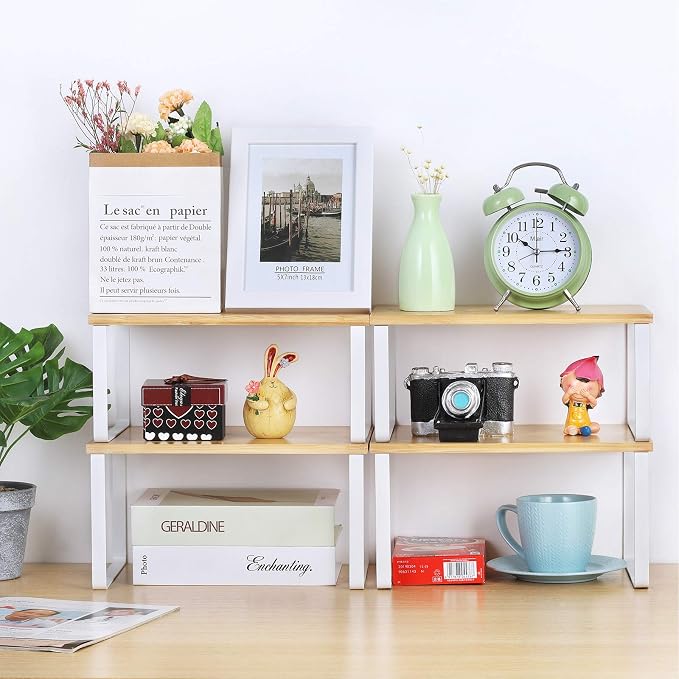 NEX Bamboo Kitchen Cabinet and Counter Shelf Organizer, Stackable & Expandable, Set of 4, White and Natural | Stackable Spice Rack, Pantry Organizers Space-Saving, Bathroom Countertop Storage, White and Natural