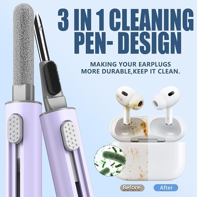 Inesore Multi Cleaning Kit for AirPods & All Bluetooth Earbuds (Purple) | Metal Tip, High-Density Soft Brush, Flocked Sponge Tip, 3 in 1 Design, Compact & Lightweight, Easy Operation, Easy to Carry