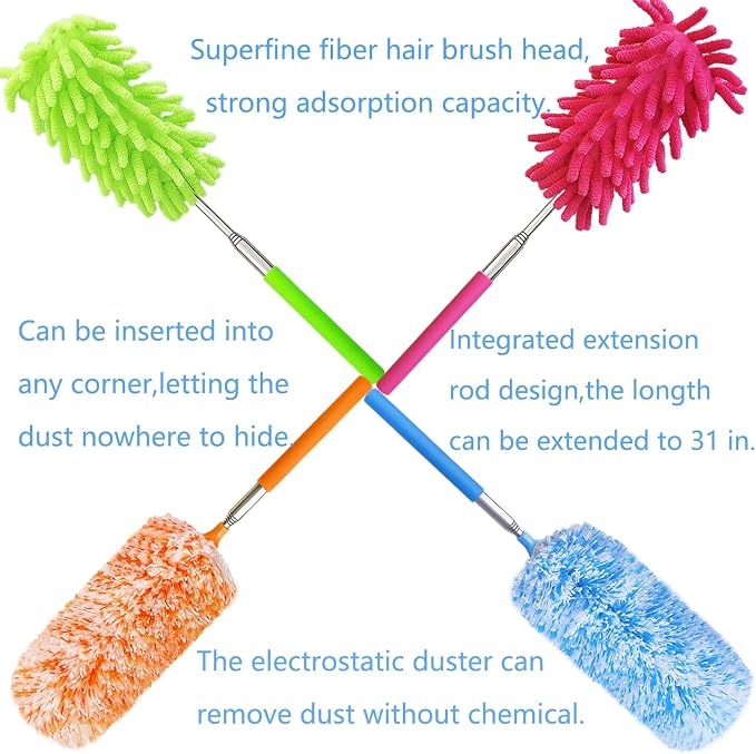 4 pcs Extendable and Washable Microfibre Feather Duster,13" to 30" Reachable, Microfibre Cleaning Tool, Small Dusters for Cleaning Office, Car, Computer, Furniture, Sofa
