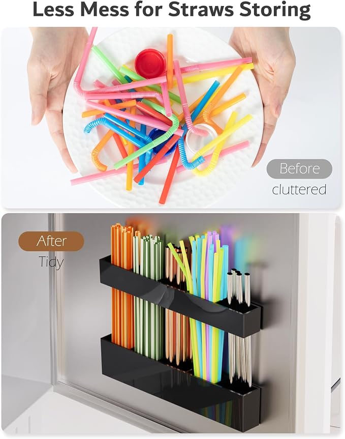 Magnetic Acrylic Straw Holder for Fridge - 5 Slot Sturdy Kitchen Organizer, Adhesive-Free Refrigerator Storage for Metal, Glass, Silicone Straws & Utensils (Separate unit Black-Magnetic Type-5C)
