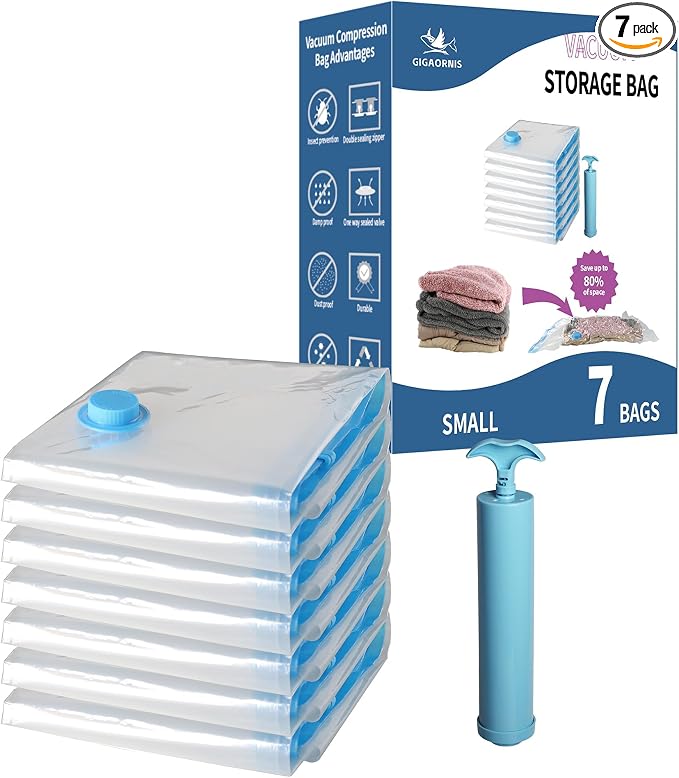 Vacuum Storage Bags Small 7 Pack Hand Pump, 80% Space Saver Vacuum Seal Bag | Plastic Vacuum Sealer Compression Bag, Space Saving Reusable for Travel, Clothes, Packing, Sweaters, Shirts, Scarves, Luggage