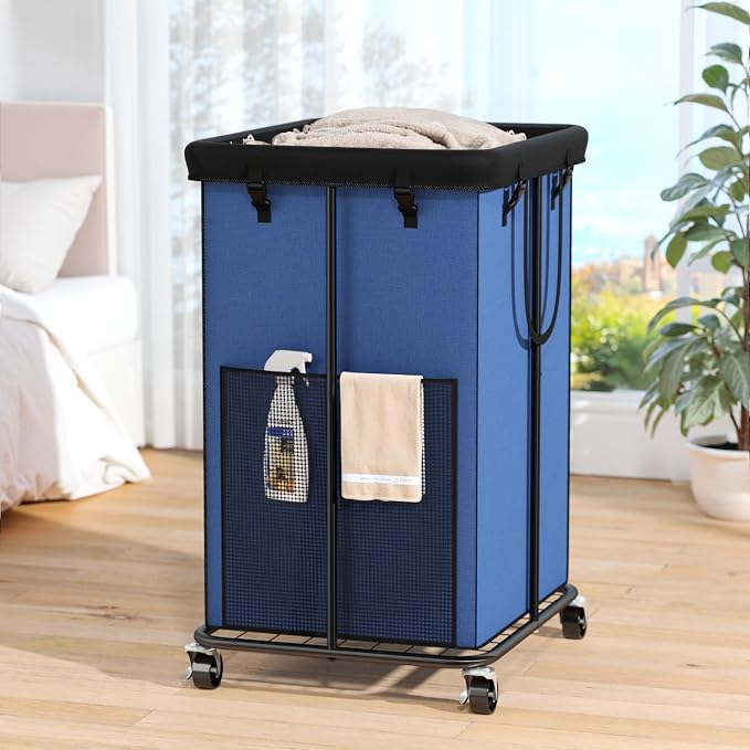 Laundry Hamper with Wheels, 150L Rolling Laundry Basket with Bag & Handles | Sturdy Metal Frame | Removable Bag | Large & Tall Dirty Clothes Hampers for Laundry Room, Bedroom, Dorm, Bathroom-Blue