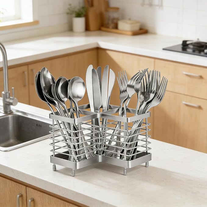 Utensil Holder, Stainless Steel Utensil Drying Rack for Kitchen Counter, Silverware Cutlery Flatware Holder Forks, Knives, Spoons, Chopsticks Organizer (Triangle)