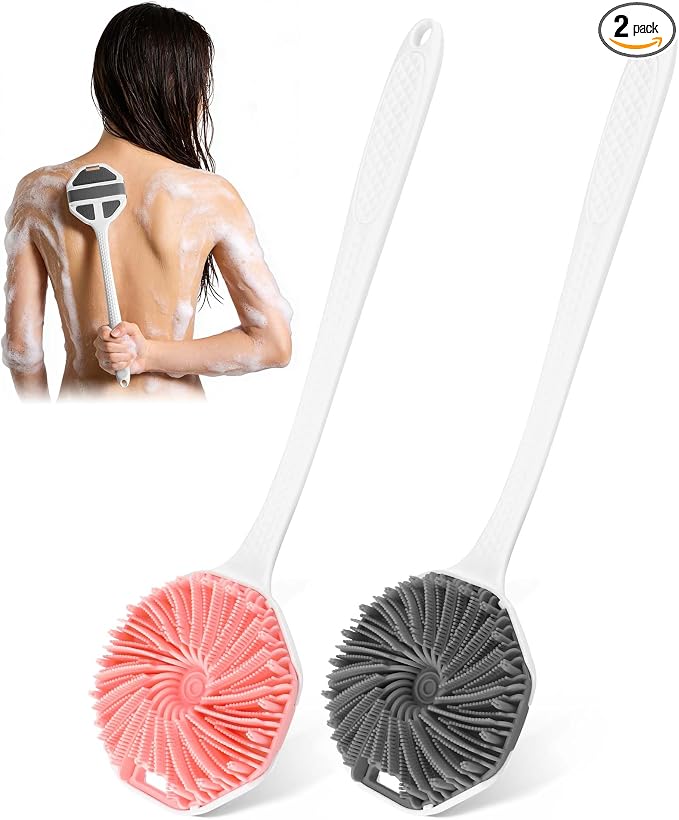 Back Scrubber for Shower, 2-Pack Long-Handled Silicone Shower Brush for Men, Body Brush with Stiff and Soft Bristles for Body Exfoliation and Massage, (Gray+Pink)