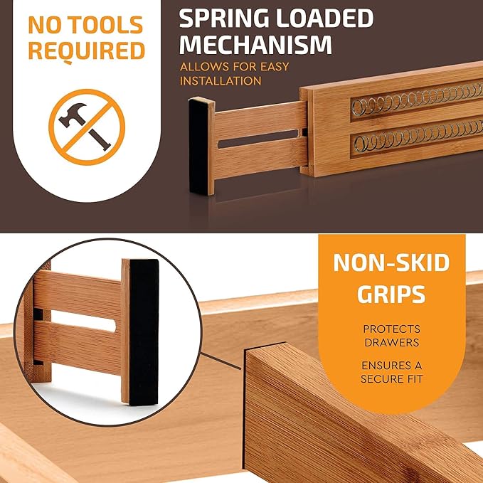 6-Pack Bamboo Drawer Dividers - 2.6 in High, Adjustable 16 to 22 in Expandable Drawer Organizers and Dresser Separators for Clothes, Bedroom, Bathroom, Kitchen, and Office Organization and Storage