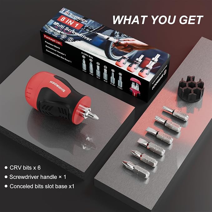 8 in 1 Multi-bit Stubby Screwdriver, Small Short Screw Driver Tool | 6 CRV Bits Phillips, Slotted, Torx, Magnetic Tip Portable All in One Repair Tool Kit for Home DIY Tables, Doors, Chairs