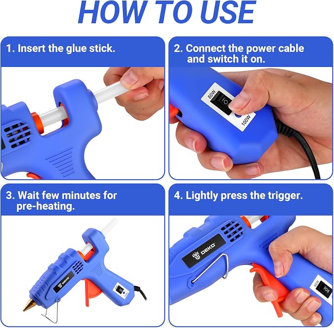 Hot Glue Gun Full Size: DEKOPRO 60/100Watt Dual Temp Hot Glue Gun Kit with 25 Glue Sticks, Organize Storage Case, Heavy Duty Heat Glue Gun Tool Set for Home Repair, Art & Crafts, DIY Blue