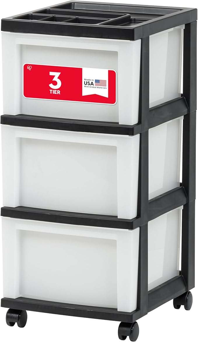 IRIS USA 3-Drawer Rolling Storage Cart, Black/Pearl | Keep craft supplies, office essentials, classroom items, and accessories organized with easy-access drawers for daily use