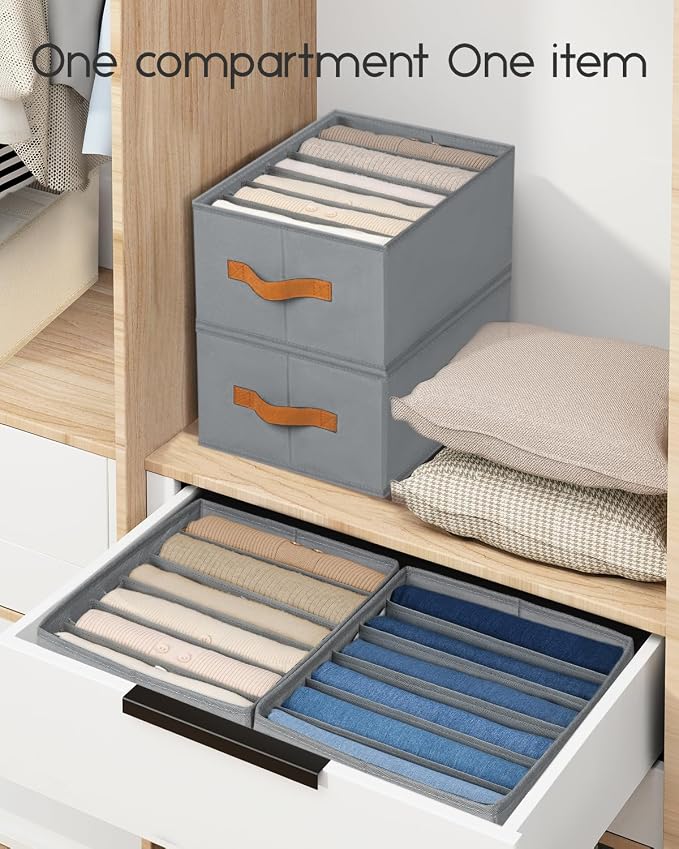 Homsorout Closet Organizers and Storage - Fabric Clothes Organizer with Handles, Foldable Jeans Organizer for Clothes, Drawer Organizer for Shirts, Bra, Sweater, Scarf, 4 Pack, Grey